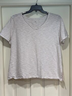 Chico's White Tee with Thin Khaki Stripes V-Neck Short Sleeve